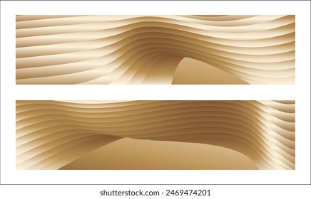 Wavy golden parallel gradient lines, ribbons, silk. Golden with shades of yellow background, banner, poster. Set of 2 backgrounds. Eps vector