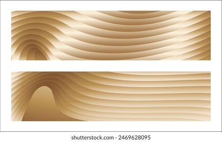 Wavy golden parallel gradient lines, ribbons, silk. Golden with shades of yellow background, banner, poster. Set of 2 backgrounds. Eps vector