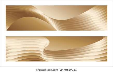 Wavy golden parallel gradient lines, ribbons, silk. Golden with shades of yellow background, banner, poster. Set of 2 backgrounds. Eps vector