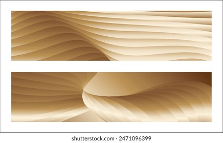 Wavy golden parallel gradient lines, ribbons, silk. Golden with shades of yellow background, banner, poster. Set of 2 backgrounds. Eps vector