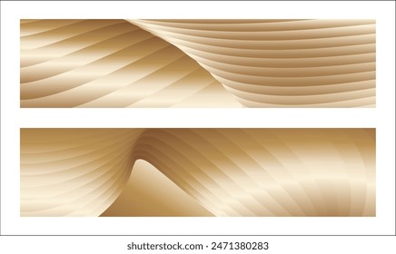 Wavy golden parallel gradient lines, ribbons, silk. Golden with shades of yellow background, banner, poster. Set of 2 backgrounds. Eps vector