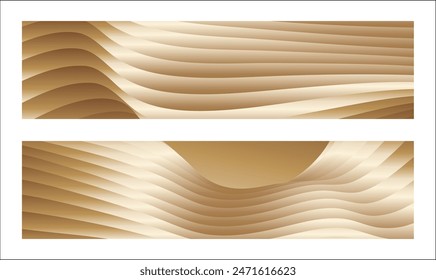 Wavy golden parallel gradient lines, ribbons, silk. Golden with shades of yellow background, banner, poster. Set of 2 backgrounds. Eps vector