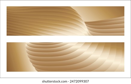 Wavy golden parallel gradient lines, ribbons, silk. Golden with shades of yellow background, banner, poster. Set of 2 backgrounds. Eps vector