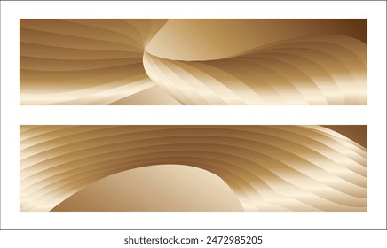 Wavy golden parallel gradient lines, ribbons, silk. Golden with shades of yellow background, banner, poster. Set of 2 backgrounds. Eps vector