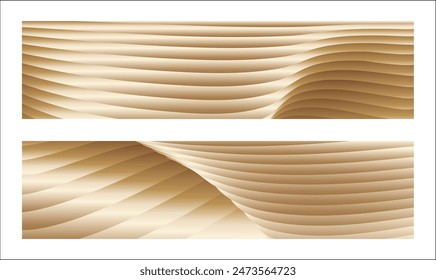 Wavy golden parallel gradient lines, ribbons, silk. Golden with shades of yellow background, banner, poster. Set of 2 backgrounds. Eps vector