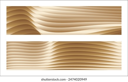 Wavy golden parallel gradient lines, ribbons, silk. Golden with shades of yellow background, banner, poster. Set of 2 backgrounds. Eps vector