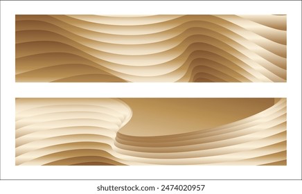 Wavy golden parallel gradient lines, ribbons, silk. Golden with shades of yellow background, banner, poster. Set of 2 backgrounds. Eps vector