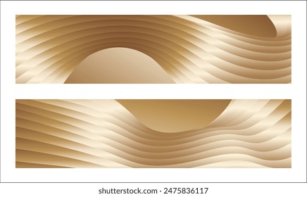 Wavy golden parallel gradient lines, ribbons, silk. Golden with shades of yellow background, banner, poster. Set of 2 backgrounds. Eps vector