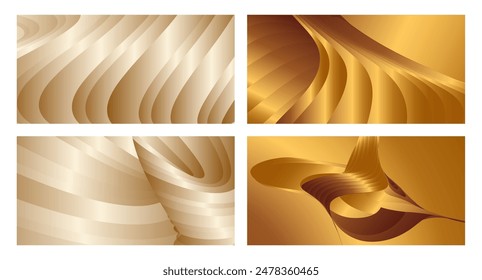 Wavy golden parallel gradient lines, ribbons, silk. Golden with shades of yellow background, banner, poster. Set of 4 backgrounds. Eps vector