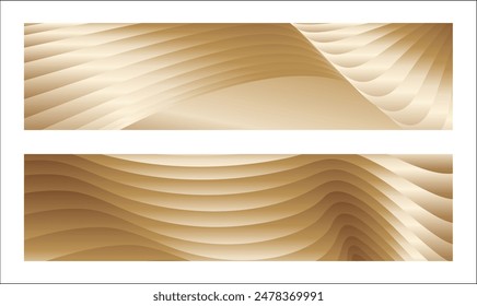 Wavy golden parallel gradient lines, ribbons, silk. Golden with shades of yellow background, banner, poster. Set of 2 backgrounds. Eps vector