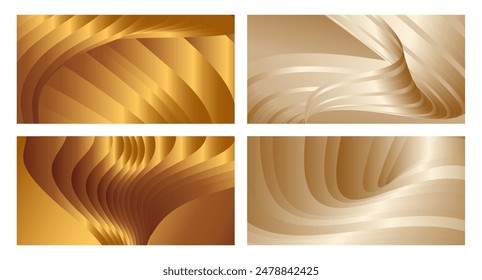 Wavy golden parallel gradient lines, ribbons, silk. Golden with shades of yellow background, banner, poster. Set of 4 backgrounds. Eps vector