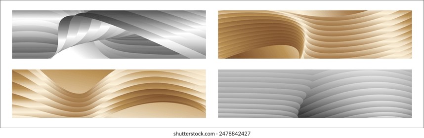 Wavy golden parallel gradient lines, ribbons, silk. Golden with shades of yellow background, banner, poster. Set of 4 backgrounds. Eps vector