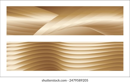 Wavy golden parallel gradient lines, ribbons, silk. Golden with shades of yellow background, banner, poster. Set of 2 backgrounds. Eps vector