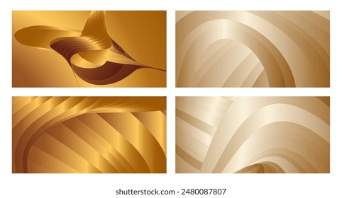 Wavy golden parallel gradient lines, ribbons, silk. Golden with shades of yellow background, banner, poster. Set of 4 backgrounds. Eps vector