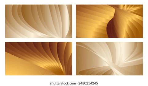 Wavy golden parallel gradient lines, ribbons, silk. Golden with shades of yellow background, banner, poster. Set of 4 backgrounds. Eps vector