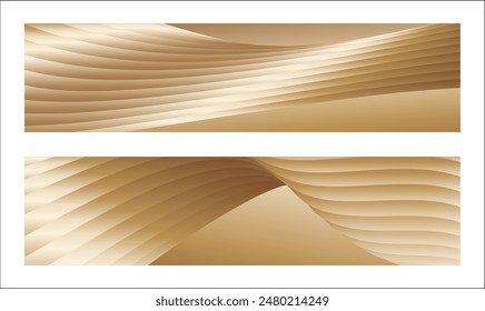 Wavy golden parallel gradient lines, ribbons, silk. Golden with shades of yellow background, banner, poster. Set of 2 backgrounds. Eps vector