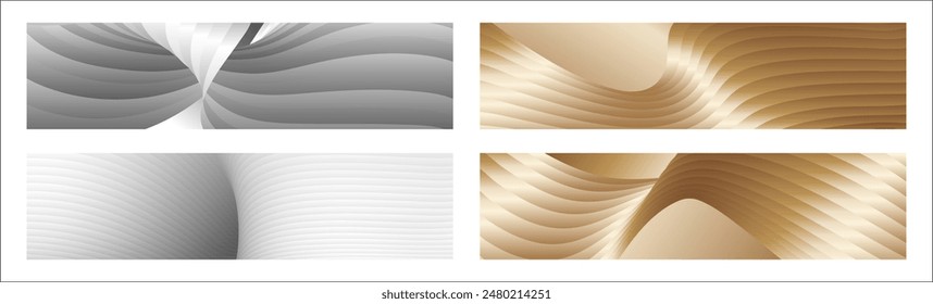 Wavy golden parallel gradient lines, ribbons, silk. Golden with shades of yellow background, banner, poster. Set of 4 backgrounds. Eps vector