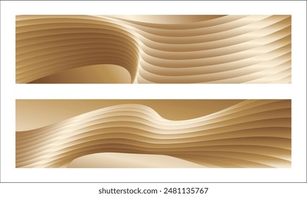 Wavy golden parallel gradient lines, ribbons, silk. Golden with shades of yellow background, banner, poster. Set of 2 backgrounds. Eps vector