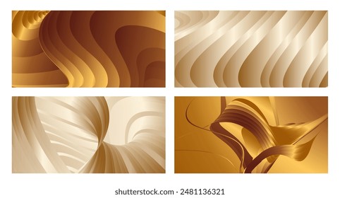 Wavy golden parallel gradient lines, ribbons, silk. Golden with shades of yellow background, banner, poster. Set of 4 backgrounds. Eps vector