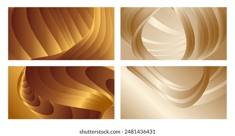 Wavy golden parallel gradient lines, ribbons, silk. Golden with shades of yellow background, banner, poster. Set of 4 backgrounds. Eps vector