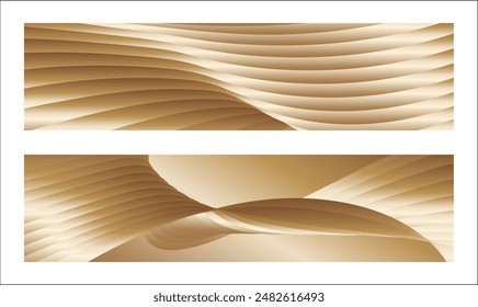 Wavy golden parallel gradient lines, ribbons, silk. Golden with shades of yellow background, banner, poster. Set of 2 backgrounds. Eps vector