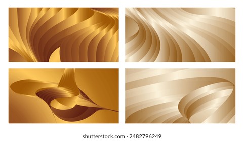 Wavy golden parallel gradient lines, ribbons, silk. Golden with shades of yellow background, banner, poster. Set of 4 backgrounds. Eps vector