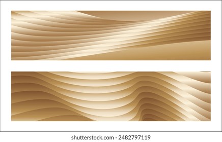 Wavy golden parallel gradient lines, ribbons, silk. Golden with shades of yellow background, banner, poster. Set of 2 backgrounds. Eps vector