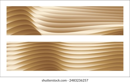 Wavy golden parallel gradient lines, ribbons, silk. Golden with shades of yellow background, banner, poster. Set of 2 backgrounds. Eps vector