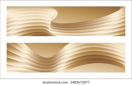 Wavy golden parallel gradient lines, ribbons, silk. Golden with shades of yellow background, banner, poster. Set of 2 backgrounds. Eps vector