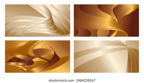 Wavy golden parallel gradient lines, ribbons, silk. Golden with shades of yellow background, banner, poster. Set of 4 backgrounds. Eps vector
