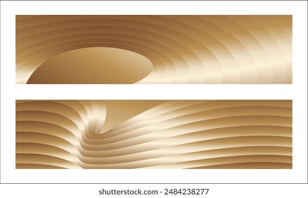 Wavy golden parallel gradient lines, ribbons, silk. Golden with shades of yellow background, banner, poster. Set of 2 backgrounds. Eps vector