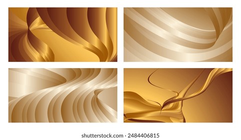 Wavy golden parallel gradient lines, ribbons, silk. Golden with shades of yellow background, banner, poster. Set of 4 backgrounds. Eps vector