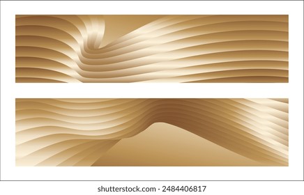 Wavy golden parallel gradient lines, ribbons, silk. Golden with shades of yellow background, banner, poster. Set of 2 backgrounds. Eps vector