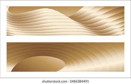 Wavy golden parallel gradient lines, ribbons, silk. Golden with shades of yellow background, banner, poster. Set of 2 backgrounds. Eps vector