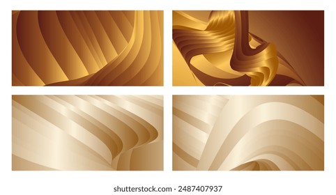 Wavy golden parallel gradient lines, ribbons, silk. Golden with shades of yellow background, banner, poster. Set of 4 backgrounds. Eps vector