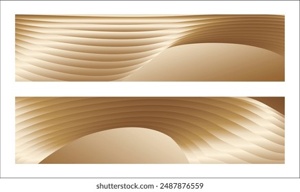 Wavy golden parallel gradient lines, ribbons, silk. Golden with shades of yellow background, banner, poster. Set of 2 backgrounds. Eps vector