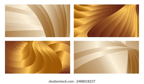 Wavy golden parallel gradient lines, ribbons, silk. Golden with shades of yellow background, banner, poster. Set of 4 backgrounds. Eps vector