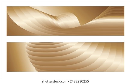 Wavy golden parallel gradient lines, ribbons, silk. Golden with shades of yellow background, banner, poster. Set of 2 backgrounds. Eps vector