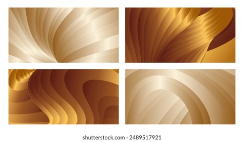 Wavy golden parallel gradient lines, ribbons, silk. Golden with shades of yellow background, banner, poster. Set of 4 backgrounds. Eps vector