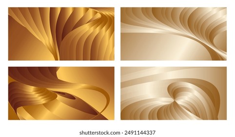 Wavy golden parallel gradient lines, ribbons, silk. Golden with shades of yellow background, banner, poster. Set of 4 backgrounds. Eps vector