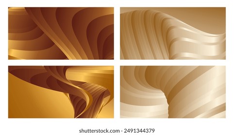 Wavy golden parallel gradient lines, ribbons, silk. Golden with shades of yellow background, banner, poster. Set of 4 backgrounds. Eps vector