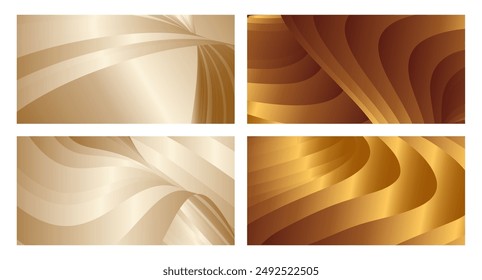 Wellenförmige goldene parallele Gradientenlinien, Bänder, Seide. Golden mit Gelbtönen, Banner, Poster. Satz von 4 Hintergründen. EPS-Vektorgrafik