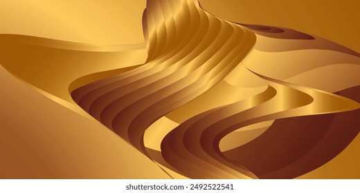 Wavy golden parallel gradient lines, ribbons, silk. Golden with shades of yellow background, banner, poster. Eps vector