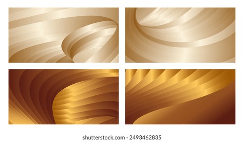 Wavy golden parallel gradient lines, ribbons, silk. Golden with shades of yellow background, banner, poster. Set of 4 backgrounds. Eps vector