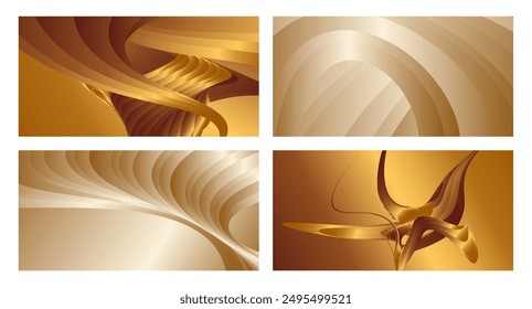 Wavy golden parallel gradient lines, ribbons, silk. Golden with shades of yellow background, banner, poster. Set of 4 backgrounds. Eps vector