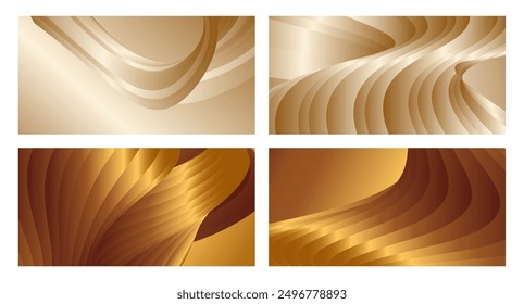 Wavy golden parallel gradient lines, ribbons, silk. Golden with shades of yellow background, banner, poster. Set of 4 backgrounds. Eps vector