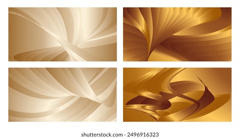 Wavy golden parallel gradient lines, ribbons, silk. Golden with shades of yellow background, banner, poster. Set of 4 backgrounds. Eps vector