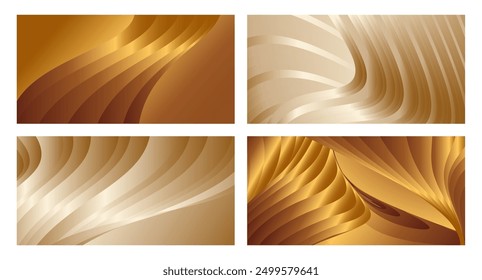 Wavy golden parallel gradient lines, ribbons, silk. Golden with shades of yellow background, banner, poster. Set of 4 backgrounds. Eps vector