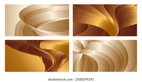 Wavy golden parallel gradient lines, ribbons, silk. Golden with shades of yellow background, banner, poster. Set of 4 backgrounds. Eps vector