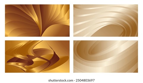 Wavy golden parallel gradient lines, ribbons, silk. Golden with shades of yellow background, banner, poster. Set of 4 backgrounds. Eps vector